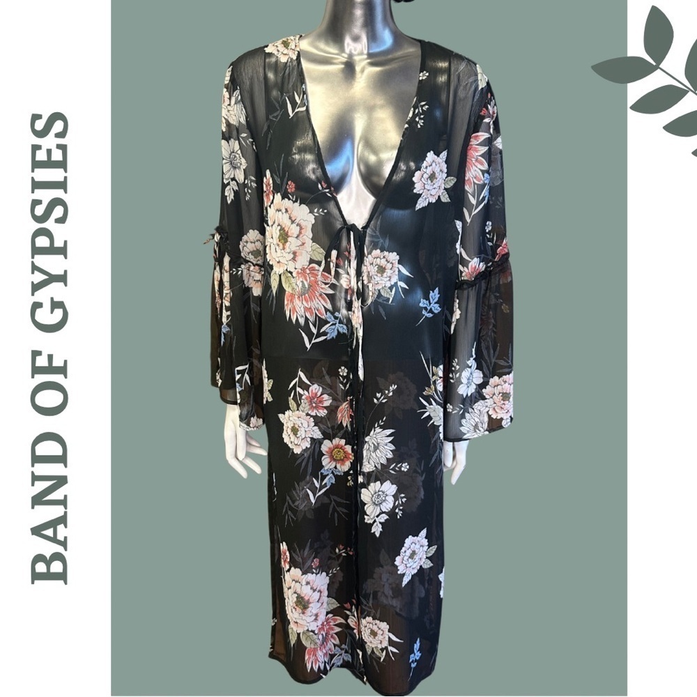 🛍️3/$40 Band of Gypsies Floral Duster Kimono Black Tie Front Ruffle Sleeve XS